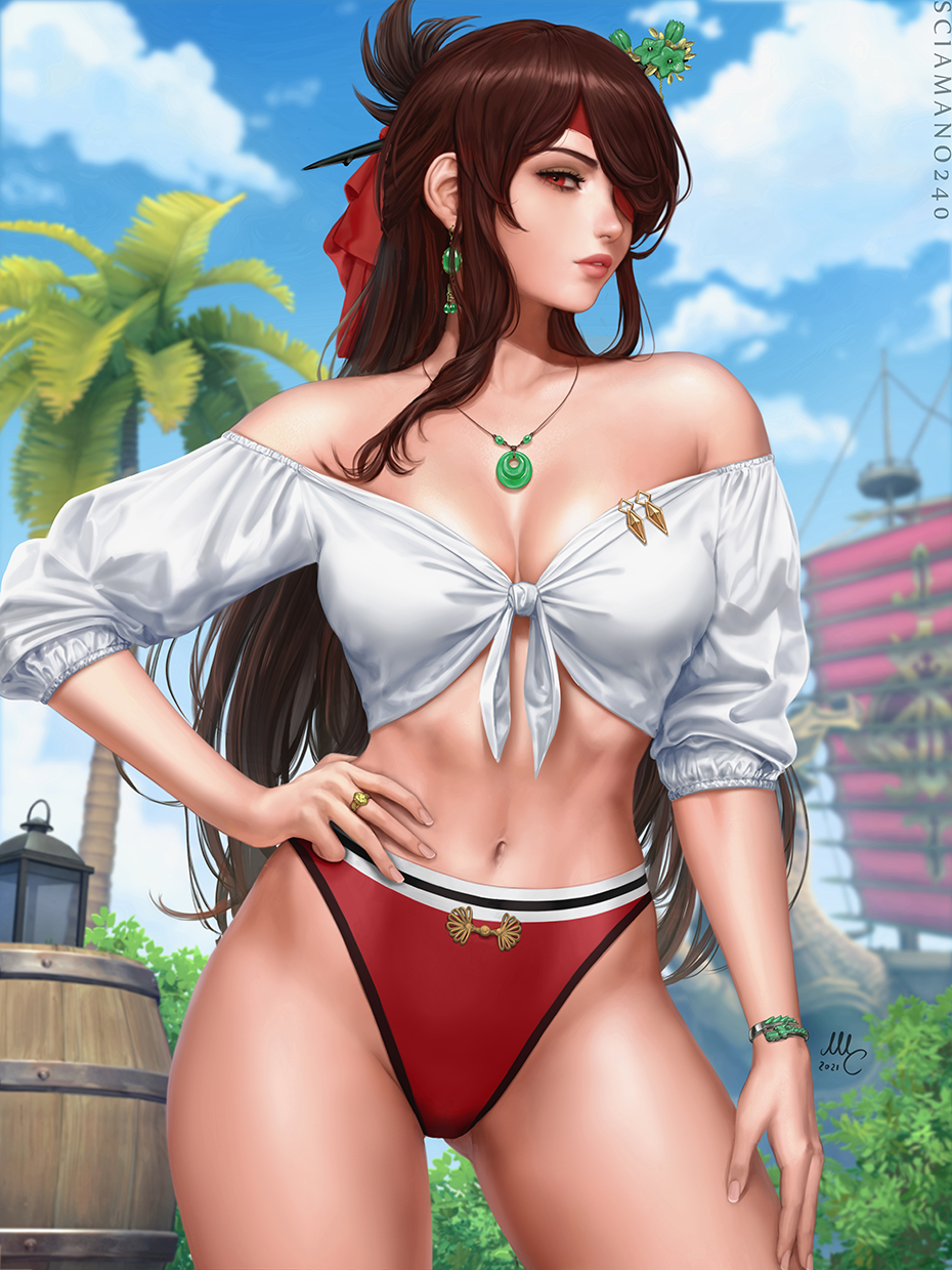 1girl bare_shoulders barrel beidou_(genshin_impact) bikini bikini_bottom_only blue_sky bracelet breasts brown_hair earrings eyepatch genshin_impact hair_ornament hair_over_one_eye hair_stick hairpin hand_on_own_hip highres jewelry large_breasts long_hair looking_at_viewer navel necklace off-shoulder_shirt off_shoulder one_eye_covered outdoors palm_tree pirate_ship colored_eyepatch red_eyes ring sciamano240 ship shirt sky solo standing summer swimsuit tied_shirt tree watercraft