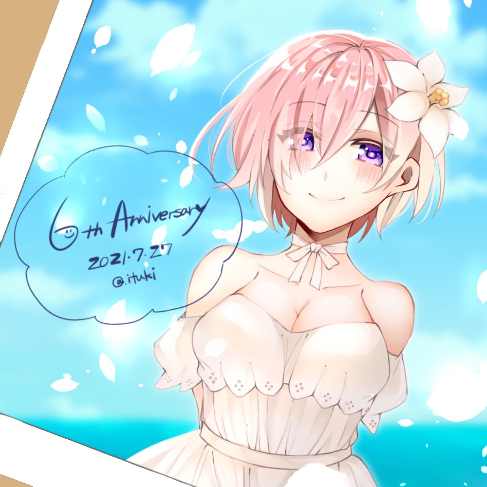 1girl 2021 anniversary arms_behind_back bare_shoulders blue_sky blush breasts choker cleavage closed_mouth cloud collarbone commentary_request dated day dress eyes_visible_through_hair fate/grand_order fate_(series) flower formal_clothes hair_flower hair_ornament heroic_spirit_formal_dress ki_(ituki_0903) looking_at_viewer mash_kyrielight mash_kyrielight_(formal_dress) medium_breasts official_alternate_costume photo_(object) pink_hair purple_eyes short_hair sky sleeveless sleeveless_dress smile solo strapless strapless_dress twitter_username upper_body white_choker white_dress white_flower