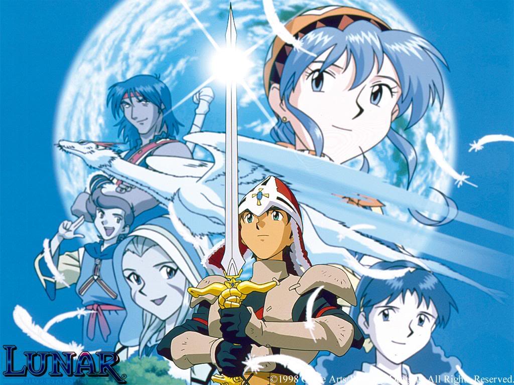 3boys 3girls alex_noah bandana blue_hair dragon game_arts headband jessica_de_alkirk kyle_(lunar) luna_noah lunar lunar:_the_silver_star markings mia_ausa multiple_boys multiple_girls nall_(lunar) nash_rumack official_art sword weapon