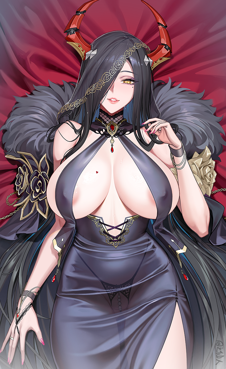 1girl areola_slip azur_lane black_hair bracelet breast_curtains breasts chain covered_erect_nipples crotchless crotchless_panties dress eyelashes friedrich_der_grosse_(azur_lane) gluteal_fold gold_chain hair_over_one_eye heart highres horns jewelry large_breasts lips long_hair lying mechanical_horns mole mole_under_eye on_back panties parted_lips pearl_thong pink_nails red_horns ring see-through_clothes see-through_dress solo tsuki_no_i-min underwear yellow_eyes