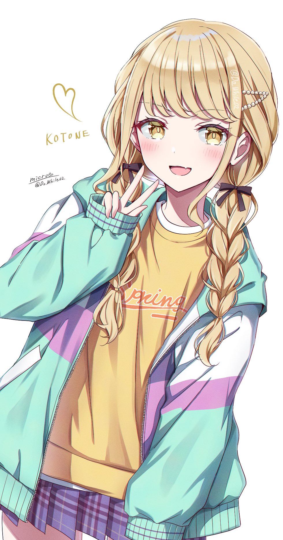 1girl blonde_hair blush braid do_while02 fang fujita_kotone gakuen_idolmaster hair_ribbon highres idolmaster jacket long_hair long_sleeves looking_at_viewer multicolored_clothes multicolored_jacket open_mouth ribbon shirt simple_background skirt smile solo twin_braids white_background yellow_eyes