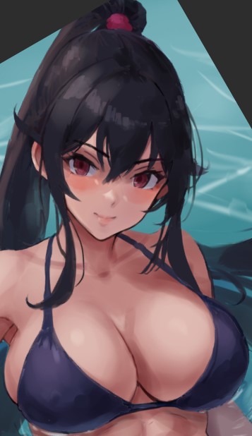 1girl alternate_costume bikini black_bikini black_hair breasts cleavage commentary_request haruto_(harut_n) kantai_collection large_breasts long_hair looking_at_viewer ponytail red_eyes sidelocks solo swimsuit upper_body water yahagi_(kancolle)