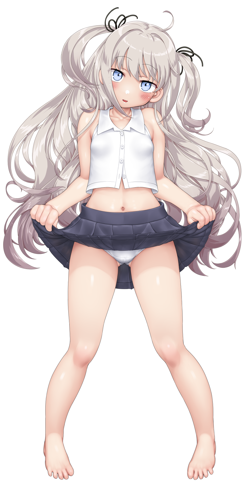 blue_eyes breasts clothes_lift dd_(ijigendd) flashing grey_hair highres lifting_own_clothes long_hair midriff original panties skirt skirt_lift sleeveless small_breasts twintails underwear white_panties