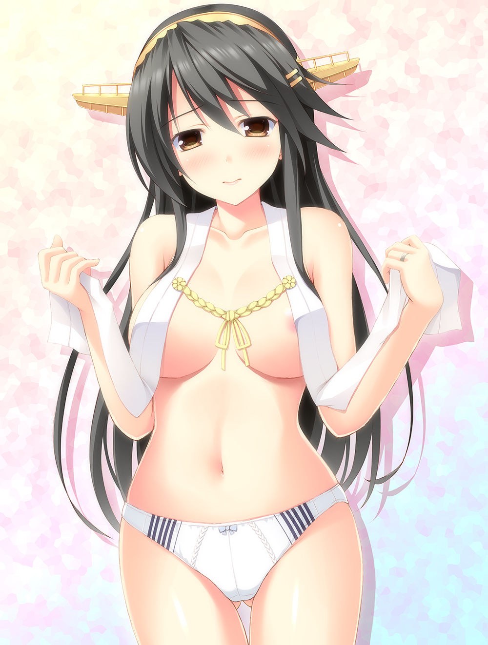 1girl aiguillette areola_slip arms_up black_hair blush bow bow_panties breasts brown_eyes closed_mouth collarbone gluteal_fold hair_ornament hairband hairclip haruna_(kancolle) head_tilt headgear highres holding holding_unworn_clothes japanese_clothes jewelry kantai_collection large_breasts long_hair looking_at_viewer navel no_bra nontraditional_miko panties partially_undressed ring shiny_skin solo standing stomach sugii_tsukasa swept_bangs tareme thighs underwear wedding_band white_panties