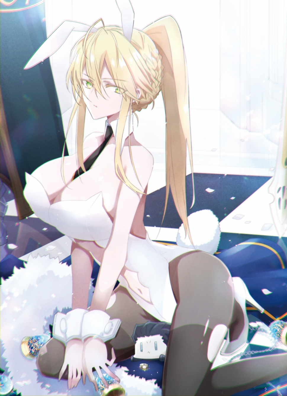 1boy 1girl agravain_(fate) animal_ears artoria_pendragon_(fate) artoria_pendragon_(lancer)_(fate) black_hair blonde_hair braid breasts cleavage commentary_request crown_braid eyelashes eyes_visible_through_hair fate/grand_order fate_(series) green_eyes hair_between_eyes hair_ornament highres huge_breasts large_breasts leotard long_hair looking_at_viewer necktie nogi_(acclima) playboy_bunny rabbit_ears solo