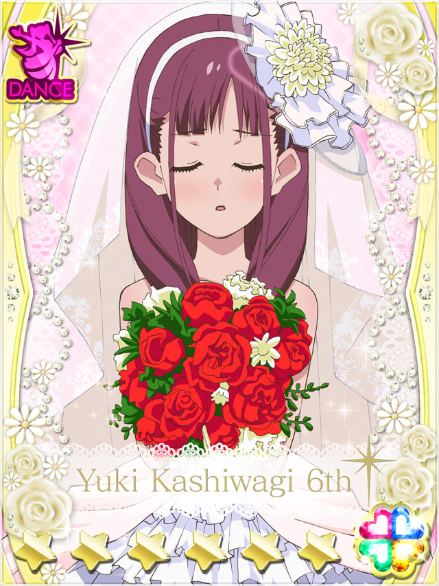 1girl akb0048 bouquet bridal_veil card_(medium) character_name closed_eyes closed_mouth cowboy_shot dress fanged_bangs flower hairband heart holding holding_bouquet kashiwagi_yuki_(akb0048) long_hair non-web_source official_art parted_lips purple_hair red_flower red_rose rose solo sparkle standing star_(symbol) strapless strapless_dress u_u veil wedding_dress white_dress white_flower white_hairband white_rose