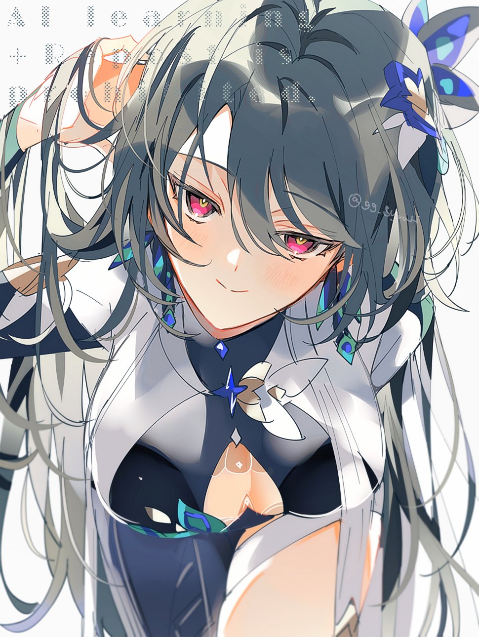 1girl anklet black_dress blush breasts chest_jewel dress earrings feather_earrings feather_hair_ornament feathers gem gg_suyari grey_hair hair_ornament hand_in_own_hair highres honkai_(series) honkai_impact_3rd jewelry large_breasts leaning_forward long_hair looking_at_viewer open_clothes peacock_feathers red_eyes simple_background single_bare_leg smile vita_(honkai_impact) white_dress yellow_pupils