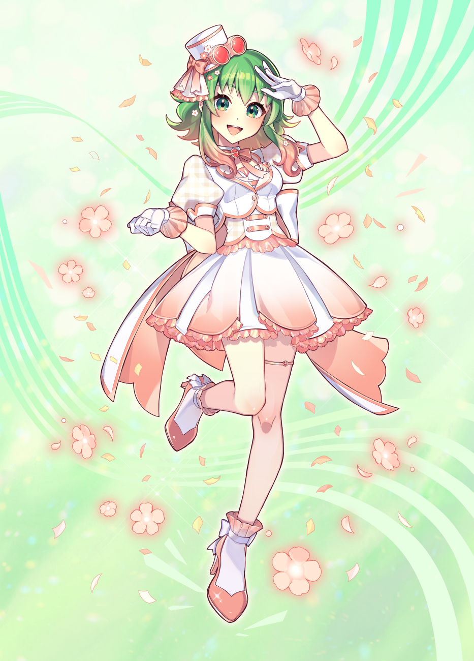 1girl :d arm_up blush brown_footwear commentary_request floral_background frilled_skirt frills full_body gloves goggles goggles_on_headwear green_eyes green_hair gumi hat high_heels highres jacket mini_hat mini_top_hat nou_(nounknown) open_mouth petals pleated_skirt puffy_short_sleeves puffy_sleeves shirt shoes short_sleeves skirt smile socks solo standing standing_on_one_leg teeth tilted_headwear top_hat upper_teeth_only vocaloid white_gloves white_hat white_jacket white_shirt white_skirt white_socks