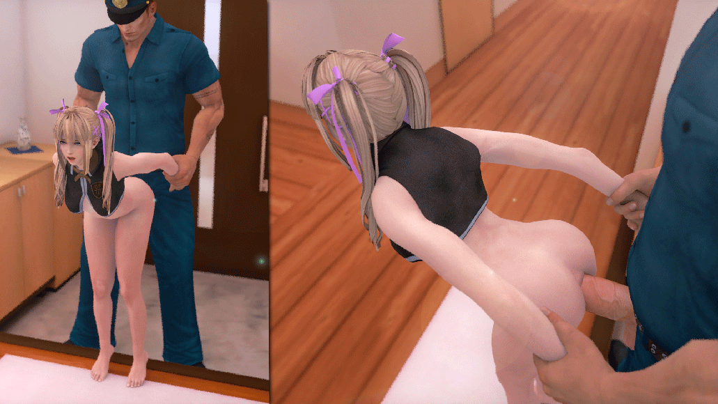 comissair, marie rose, dead or alive, animated, animated gif, looping  animation, 1boy, 1girl, 3d, anal, arm grab, arm held back, ass, bangs, bare  shoulders, barefoot, blonde hair, blurry, bottomless, bow, breasts, clothed