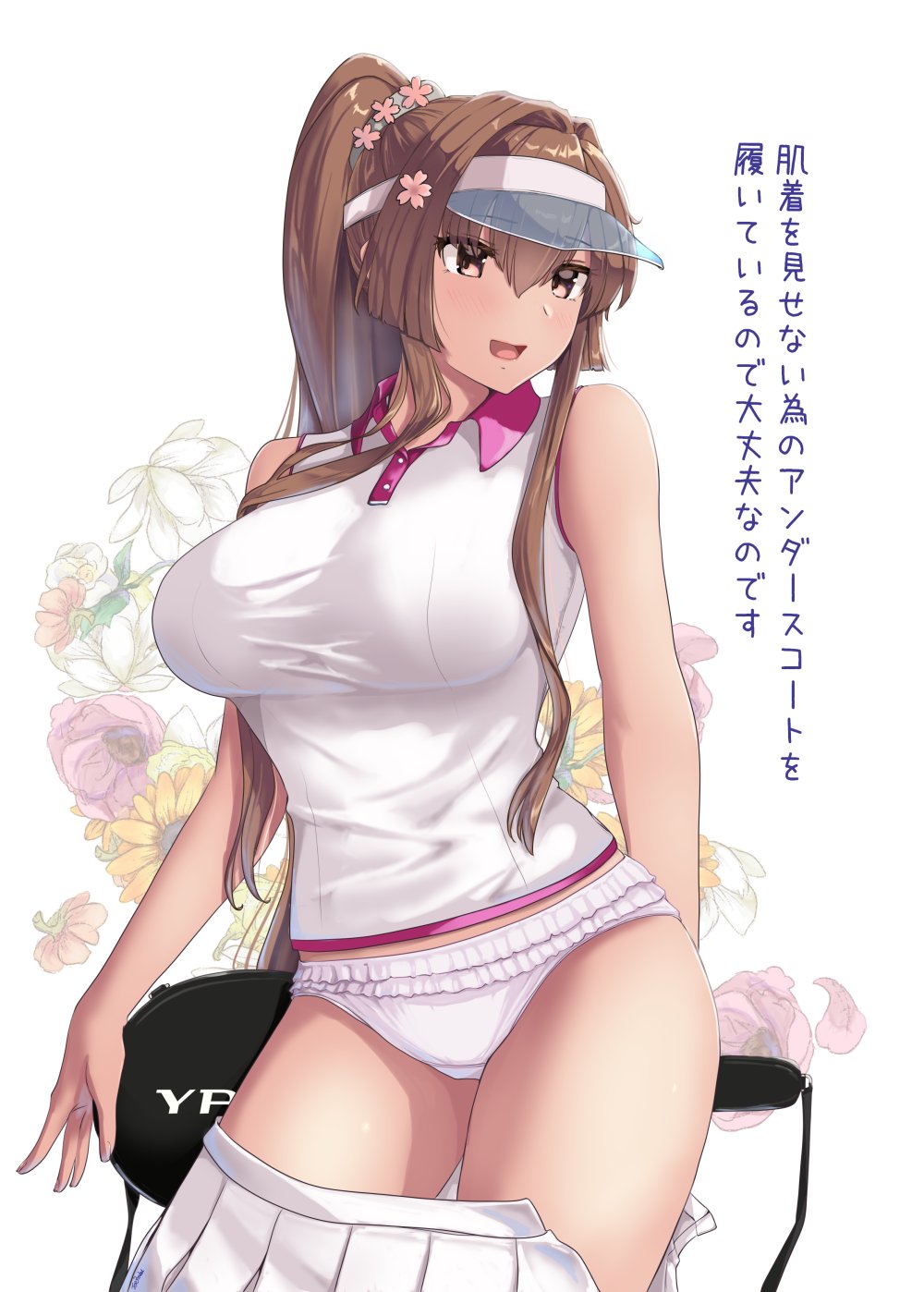 1girl :d alternate_costume bare_arms breasts brown_eyes brown_hair cherry_blossoms clothes_pull collared_shirt commentary_request floral_background flower hair_between_eyes hair_flower hair_ornament high_ponytail highres holding_tennis_racket jouzaburou_(joe3) kantai_collection large_breasts long_bangs long_hair open_mouth panties pleated_skirt ponytail shirt skirt skirt_pull sleeveless sleeveless_shirt smile solo sportswear tennis_racket_case tennis_uniform translation_request underwear visor_cap white_background white_panties white_shirt white_skirt yamato_(kancolle)