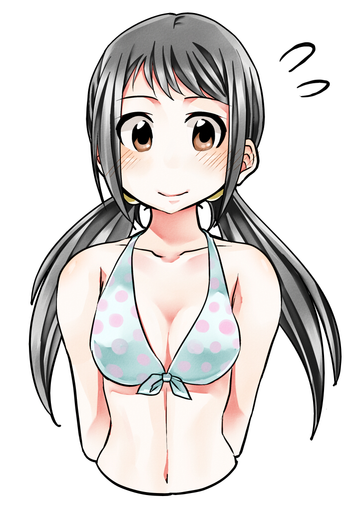 10s 1girl bikini bikini_top_only black_hair blush breasts brown_eyes female_focus idolmaster idolmaster_cinderella_girls long_hair nakano_yuka shinkai_kiiro smile solo swimsuit twintails