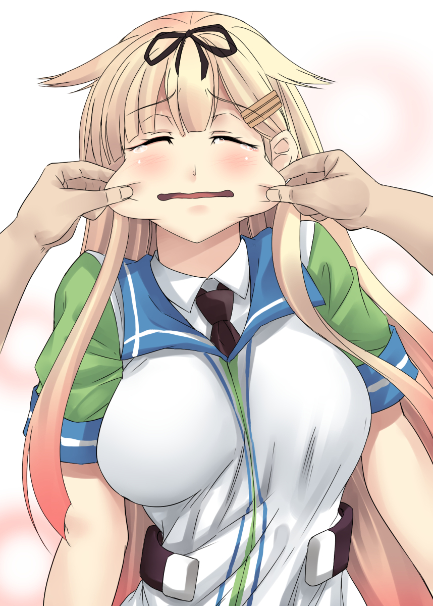 10s 1girl alternate_costume blonde_hair blush breasts cheek_pull closed_eyes commentary_request employee_uniform familymart hair_flaps hair_ornament hair_ribbon hairclip highres kantai_collection kinntarou large_breasts lawson long_hair open_mouth pov pov_hands ribbon shirt solo_focus tears upper_body very_long_hair wavy_hair yuudachi_(familymart)_(kancolle) yuudachi_(kancolle)