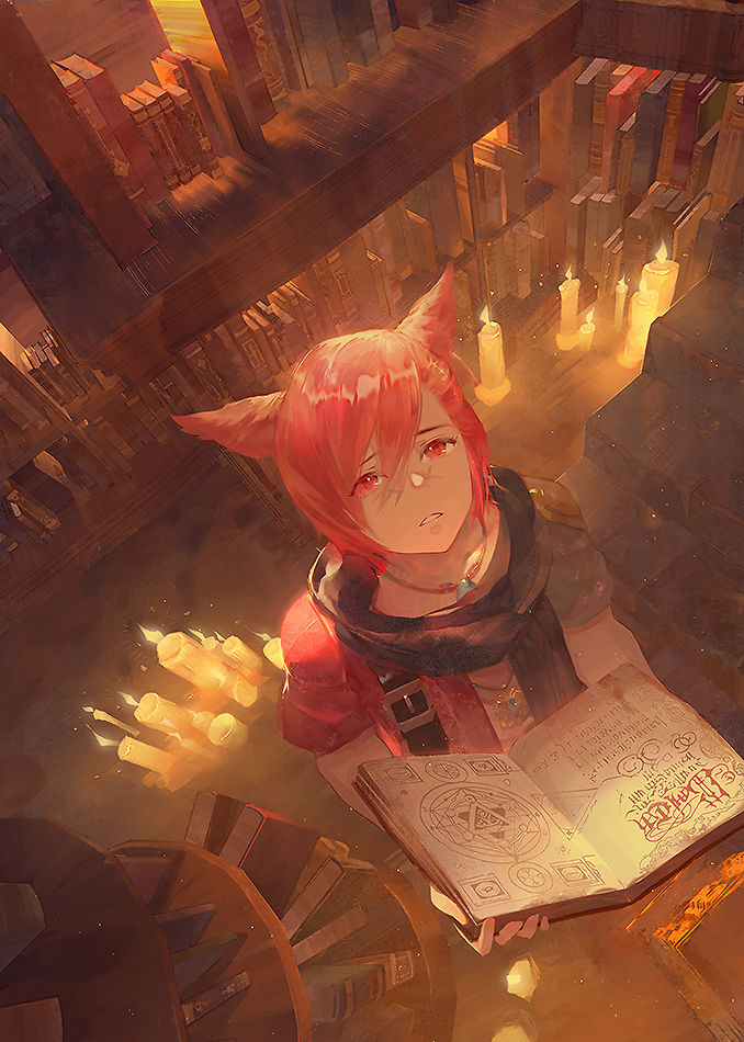 1boy animal_ears book bookshelf candle cat_ears facial_mark final_fantasy final_fantasy_xiv g&#039;raha_tia hair_between_eyes library looking_at_viewer looking_up male_focus miqo&#039;te neck_tattoo open_book red_eyes red_hair short_hair solo standing tattoo zxin