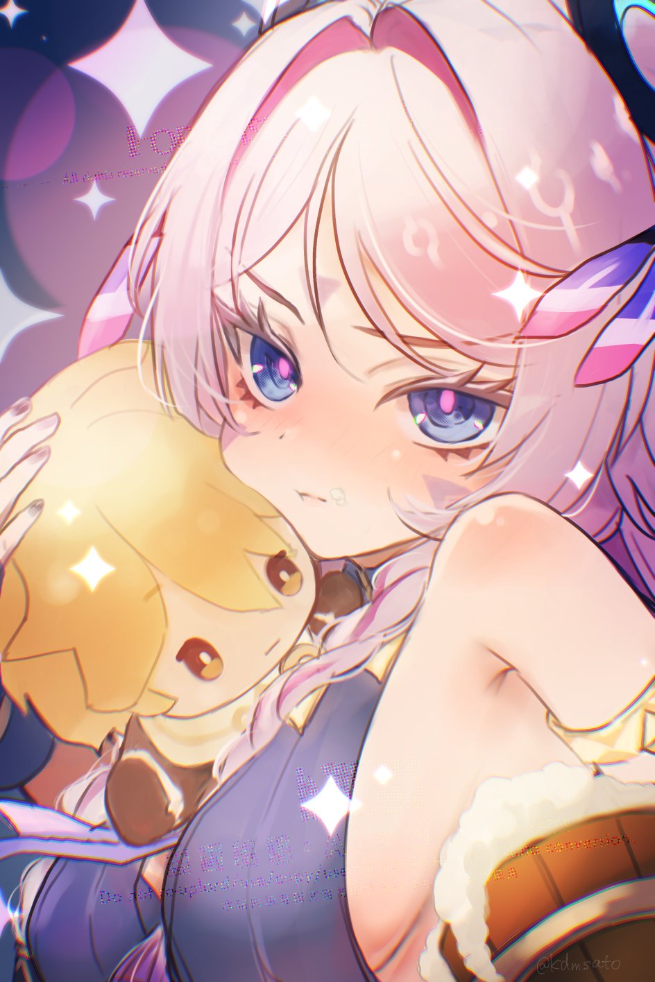 1girl aether_(genshin_impact) armlet bare_shoulders blue_eyes breasts character_doll citlali_(genshin_impact) genshin_impact hair_intakes highres jewelry kedama_(kdmsato) looking_at_viewer medium_breasts pink_hair pink_pupils upper_body