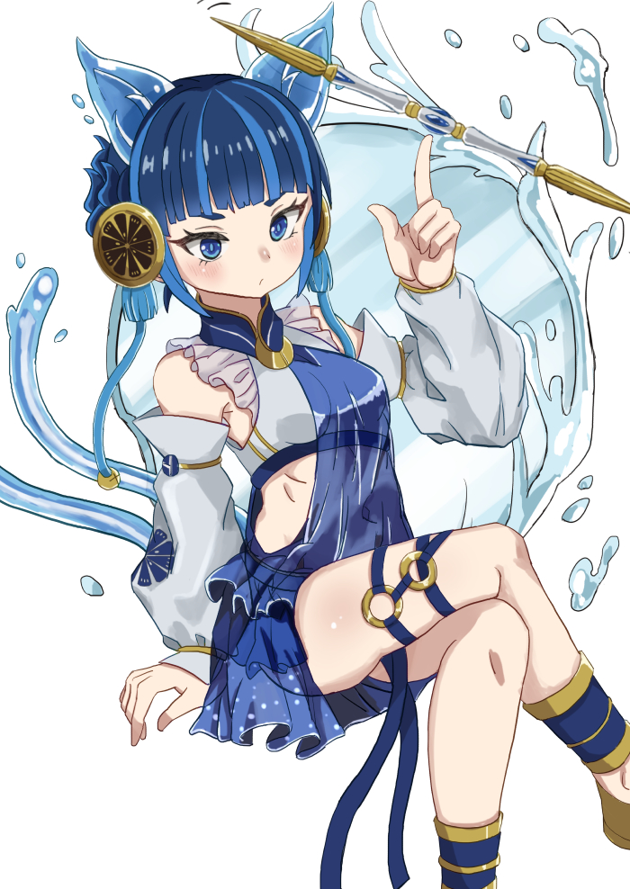 1girl animal_ears ballerina blue_eyes blue_hair braid cane cat_ears cat_girl cat_tail closed_mouth covered_navel crossed_legs detached_sleeves duel_monster food-themed_hair_ornament hair_ornament hand_on_ground japanese_clothes legs miko miniskirt ni-ni_the_mirror_mikanko nontraditional_miko o-ring o-ring_thigh_strap simple_background sitting skirt solo tail thigh_strap thighs user_jpgt4342 water white_background yu-gi-oh!