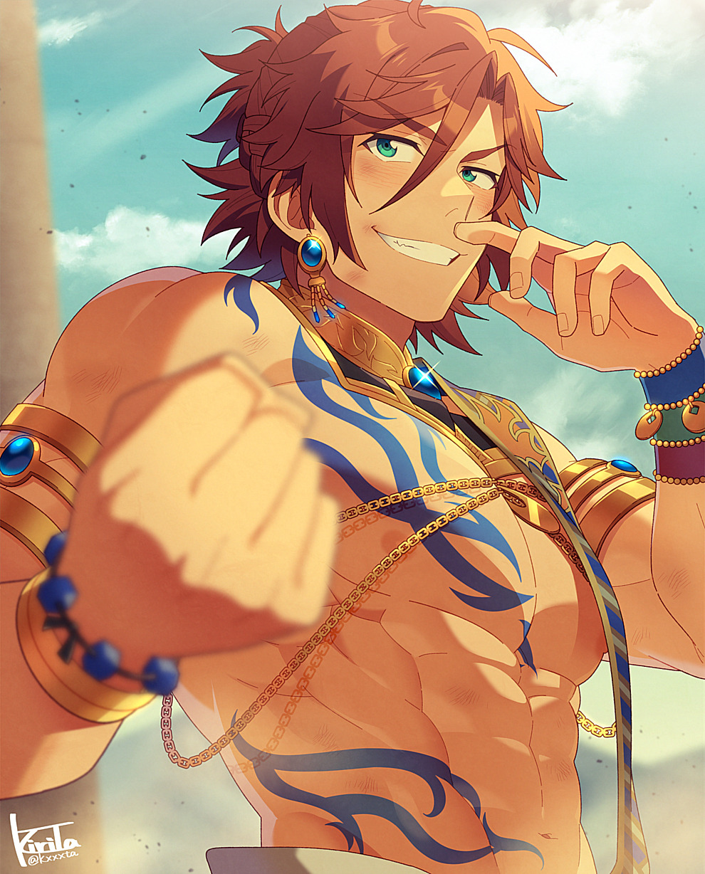 1boy abs armband blush brown_hair chain chest_tattoo clenched_hand cloud debris dirty dirty_face dust earrings ensemble_stars! glint green_eyes grin highres jewelry kiri_futoshi large_pectorals looking_at_viewer male_focus mikejima_madara muscular muscular_male nipples outdoors pectorals shadow short_hair signature smile solo tattoo topless_male upper_body v-taper