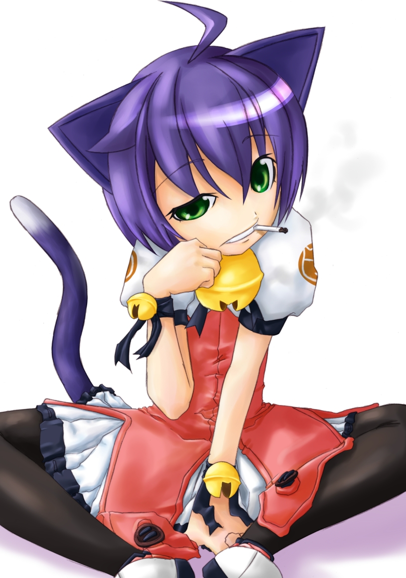 00s ahoge animal_ears bell cat_ears cat_tail cigarette green_eyes kyouran_kazoku_nikki midarezaki_kyouka pantyhose purple_hair smoke smoking solo taiji tail