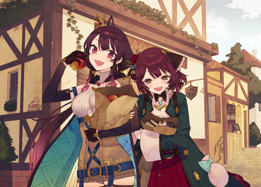 2girls :d ahoge apple atelier_(series) atelier_sophie atelier_sophie_2 awning bag belt blue_belt breasts brown_eyes building cape coat commentary_request cowboy_shot crown day detached_sleeves food fruit green_coat holding holding_bag holding_food holding_fruit large_breasts leotard long_hair long_sleeves looking_at_viewer low_twintails multiple_girls noco_(adamas) official_art open_mouth outdoors paper_bag purple_hair ramizel_erlenmeyer red_eyes red_hair red_skirt road second-party_source short_hair skirt sky smile sophie_neuenmuller stairs standing street twintails wide_sleeves