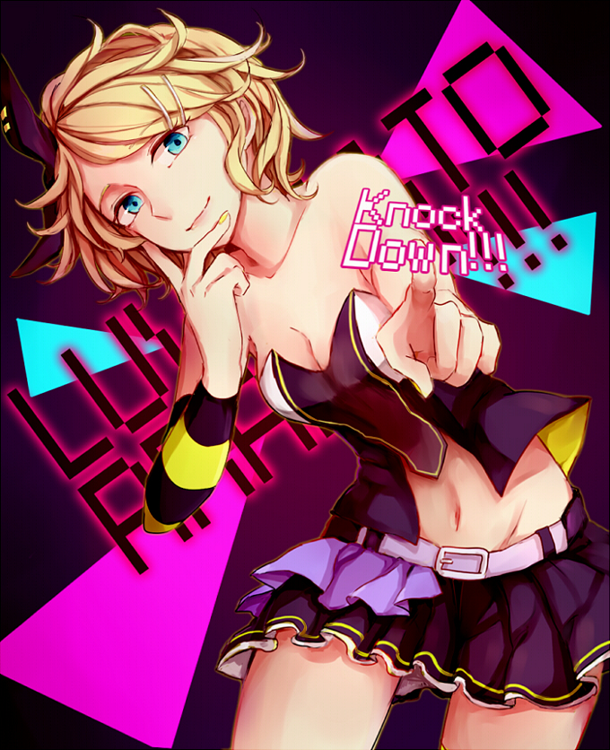 1girl blonde_hair blue_eyes bow breasts cleavage collarbone hair_bow hair_ornament hair_ribbon hairclip kagamine_rin looking_at_viewer luvoratorrrrry!_(vocaloid) midriff navel ribbon shirt short_hair skirt small_breasts smile solo sonozaki03 thighhighs vocaloid