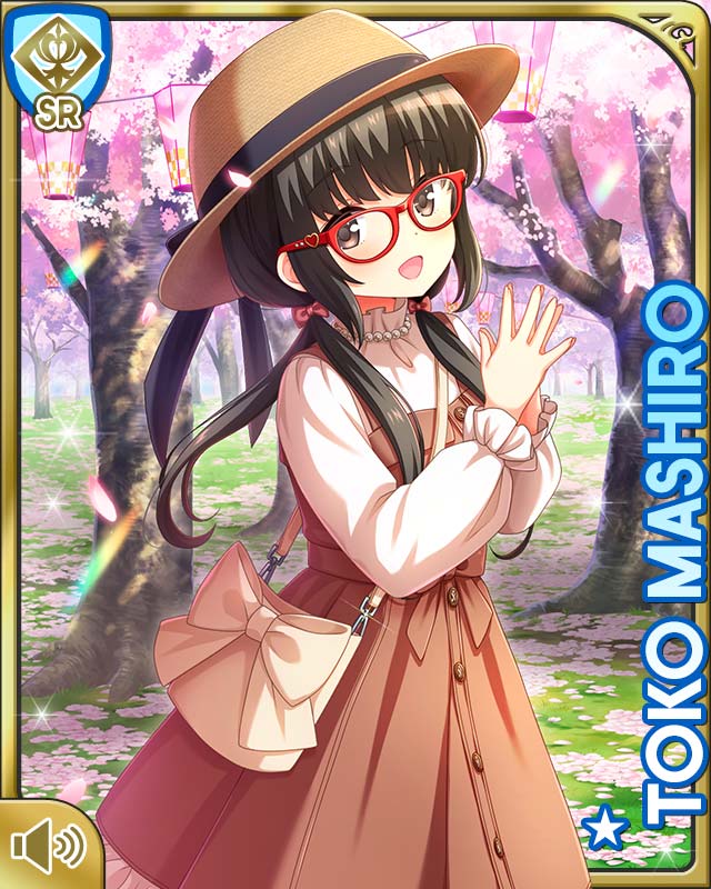 1girl :d black_hair bow brown_dress card character_name cherry_blossoms day dress forest girlfriend_(kari) grey_eyes hat lolita_fashion long_hair mashiro_toko nature official_art open_mouth outdoors pink_bow qp:flapper red-framed_eyewear shirt smile solo standing tagme white_shirt