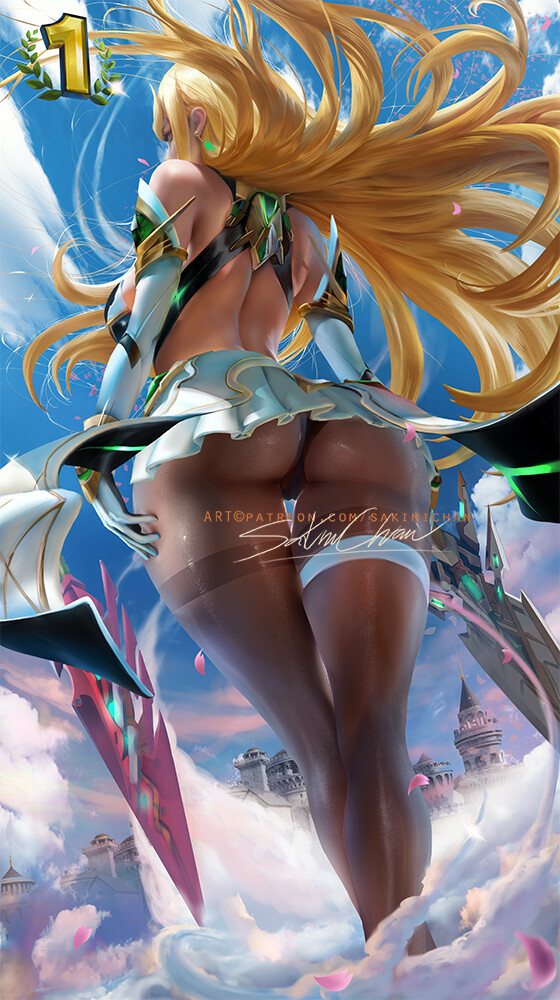 1girl ass back bare_shoulders black_footwear black_gloves blonde_hair blue_sky bob_cut boots breasts castle circlet cloud cloudy_sky dress elbow_gloves gloves grabbing_own_ass leggings long_hair looking_at_another mythra_(xenoblade) sakimichan sky standing sword thigh_boots thighhighs very_long_hair weapon white_dress xenoblade_chronicles_(series) xenoblade_chronicles_2 yellow_eyes