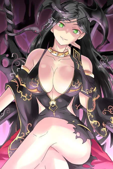 1girl artemisia_(flower_knight_girl) black_dress black_hair breasts bridal_gauntlets cleavage closed_mouth crossed_legs dress female_focus flower_knight_girl green_eyes head_wings ishizu_kayu large_breasts long_hair looking_at_viewer purple_background sash sitting smile snake solo torn_clothes torn_dress wings