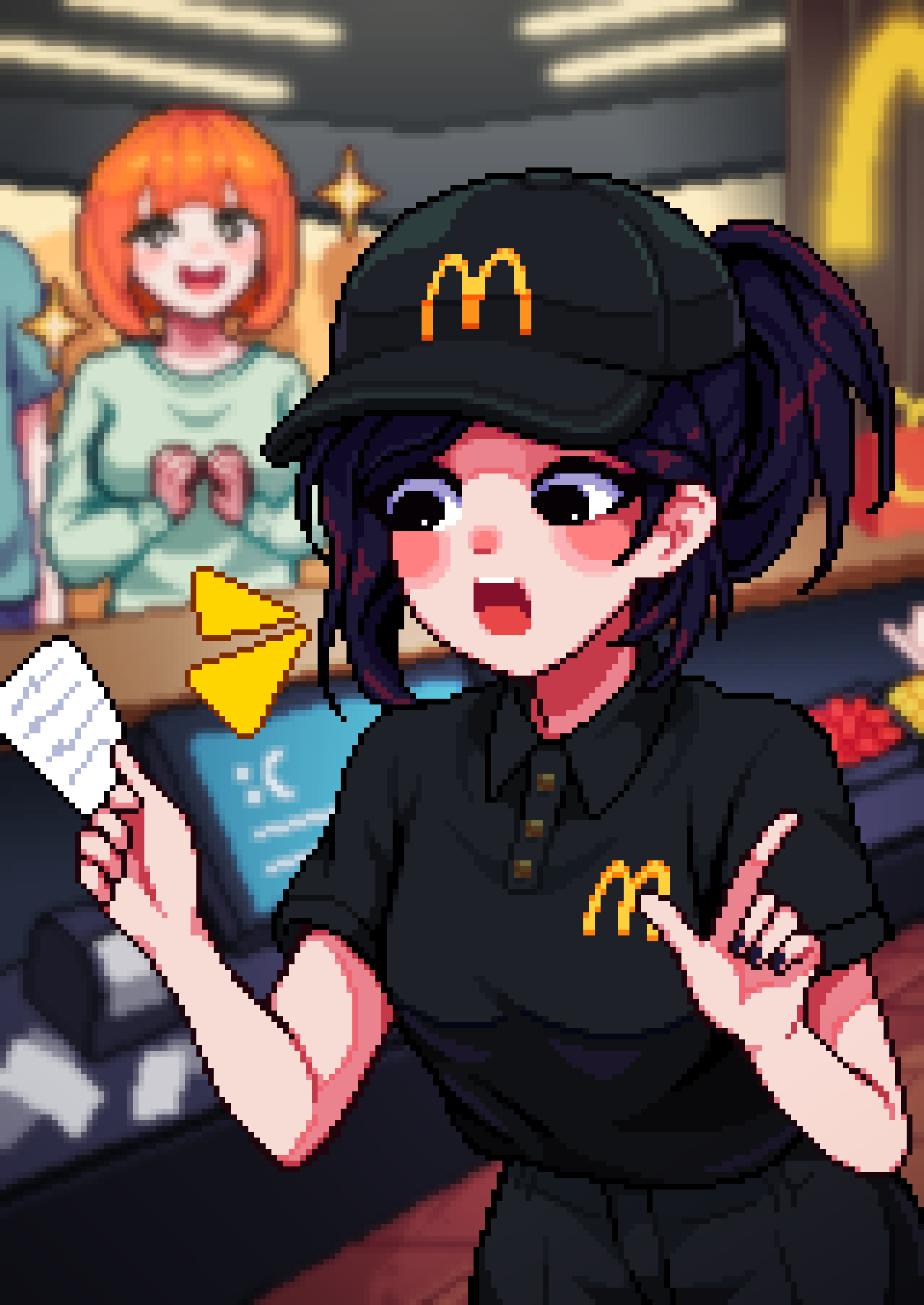 2girls aseprite_(medium) baseball_cap black_eyes black_hair black_nails black_pants black_shirt blurry blush bob_cut depth_of_field employee_uniform fast_food_uniform hat highres indoors mcdonald&#039;s mother_(yoru_mac) multiple_girls open_mouth orange_hair original pants pixel_art polo_shirt ponytail product_placement shirt shirt_tucked_in short_sleeves smile yoru_mac yumykon yumyverse