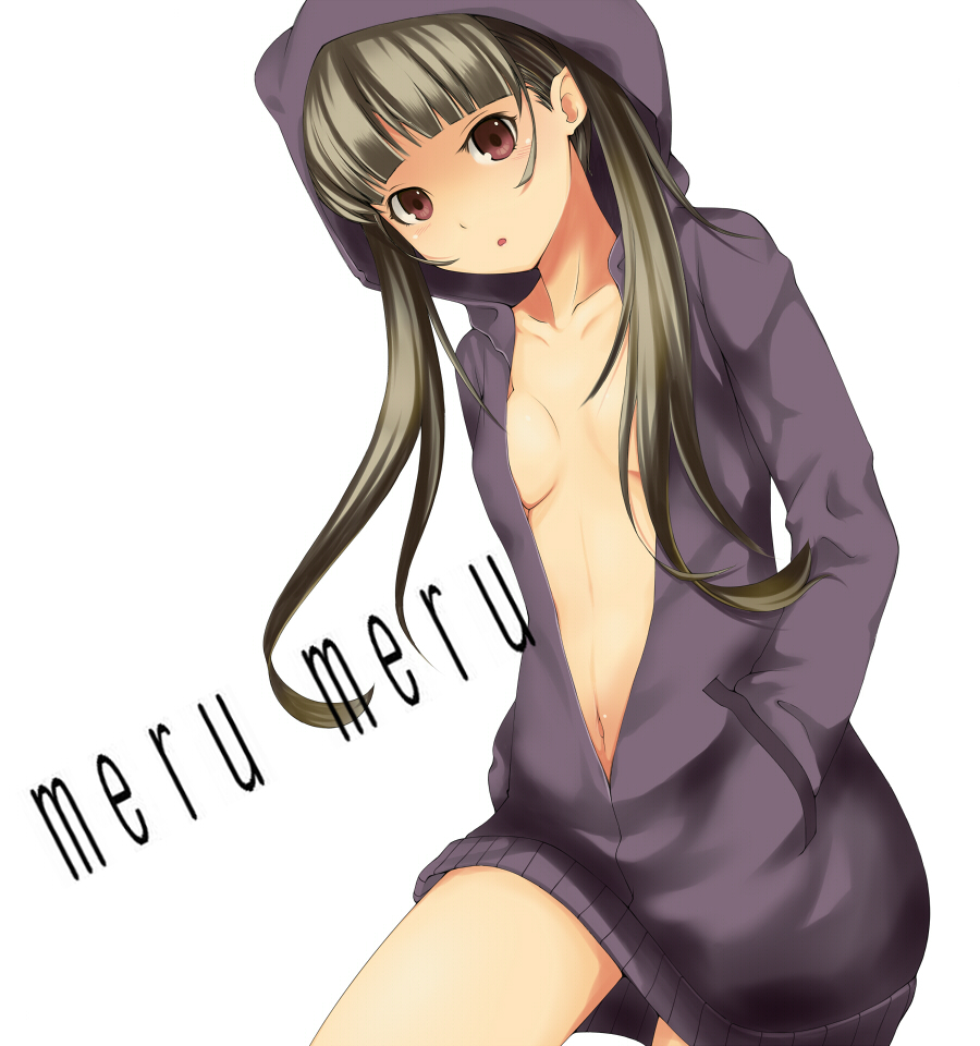 00s 1girl bad_id bad_pixiv_id breasts breasts_apart brown_eyes brown_hair buriteri center_opening female_focus hands_in_pockets hood hoodie long_hair looking_at_viewer navel open_clothes open_mouth open_shirt otonashi_meru purple_eyes sayonara_zetsubou_sensei shirt simple_background small_breasts solo sweater white_background