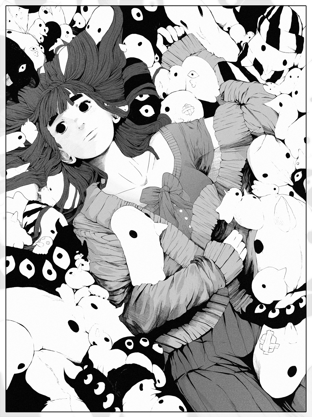 1girl arm_up bandages beanie black_border border bow closed_mouth collarbone commentary cowboy_shot expressionless greyscale hair_spread_out hat highres holding holding_stuffed_toy long_hair long_sleeves lying monochrome off_shoulder on_back onodera_punpun oyasumi_punpun pleated_skirt scarf screentones skirt stuffed_animal stuffed_toy sukerufun sweater tanaka_aiko