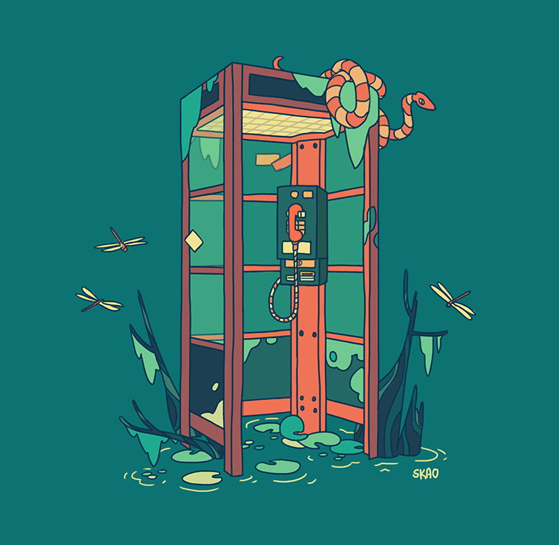 abandoned algae animal blending bug building ceiling color_contrast commentary corded_phone dragonfly driftwood english_commentary green_background insect limited_palette log mellific no_humans orange_scales original overgrown payphone phone phone_booth ripples scenery signature simple_background snake sticker tile_ceiling tiles water