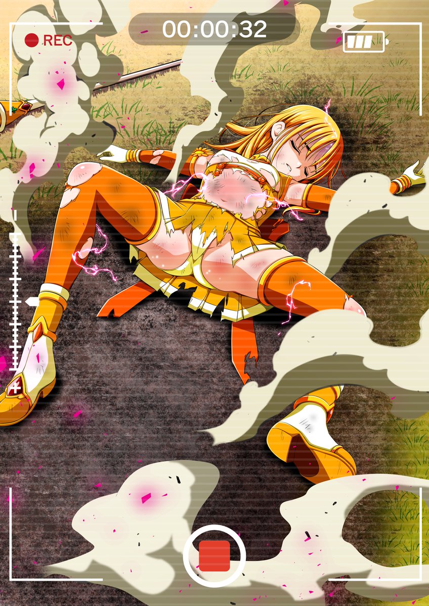 1girl ankle_boots back_bow bad_end battery_indicator battle_damage beaten blonde_hair boots bow breasts brooch bruise bruise_on_face cellphone closed_eyes clover_mari defeat detached_sleeves dress electricity energy field gloves grass hair_down injury jewelry knee_up koeda0111 large_bow lying magical_girl medium_breasts miniskirt multicolored_clothes multicolored_dress multicolored_footwear multicolored_skirt navel on_back on_grass on_ground orange_bow orange_dress orange_skirt outdoors outstretched_arms pain panties pantyshot parted_lips phone recording ryona scratches shaded_face short_dress skirt small_breasts smartphone smoke solo spread_arms spread_legs staff tendou_erika thighhighs torn_clothes torn_dress torn_skirt torn_sleeves torn_thighhighs underwear viewfinder violence yotsuba_no_senki_clover_rose zettai_ryouiki