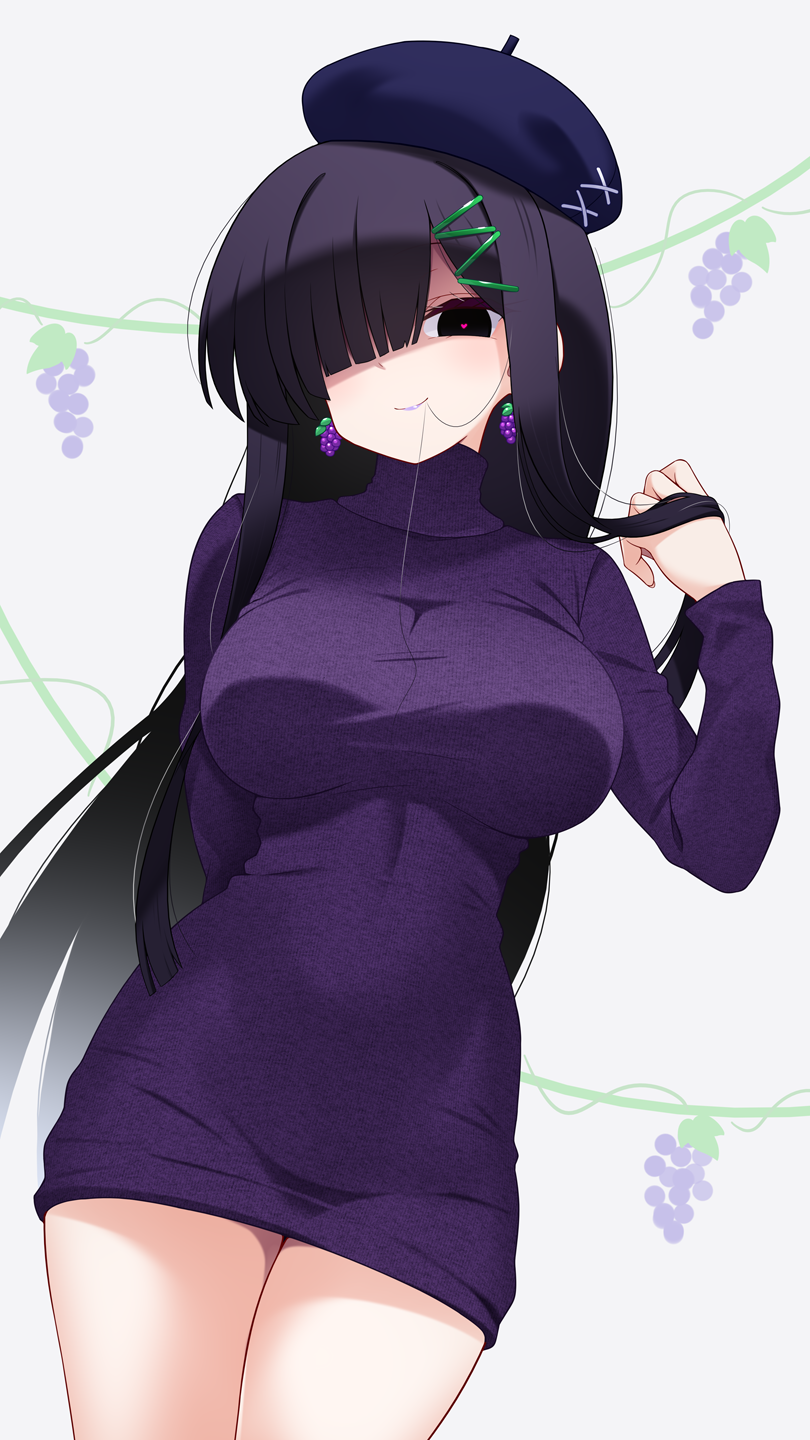 1girl adjusting_hair alternate_costume black_eyes black_hair breasts earrings feet_out_of_frame food fruit grape_earrings grapes hair_in_own_mouth hair_over_one_eye heart heart-shaped_pupils highres huge_breasts impossible_clothes jewelry long_hair muchin_jousha purple_sweater smile solo sweater symbol-shaped_pupils touhou turtleneck turtleneck_sweater very_long_hair white_background yomotsu_hisami