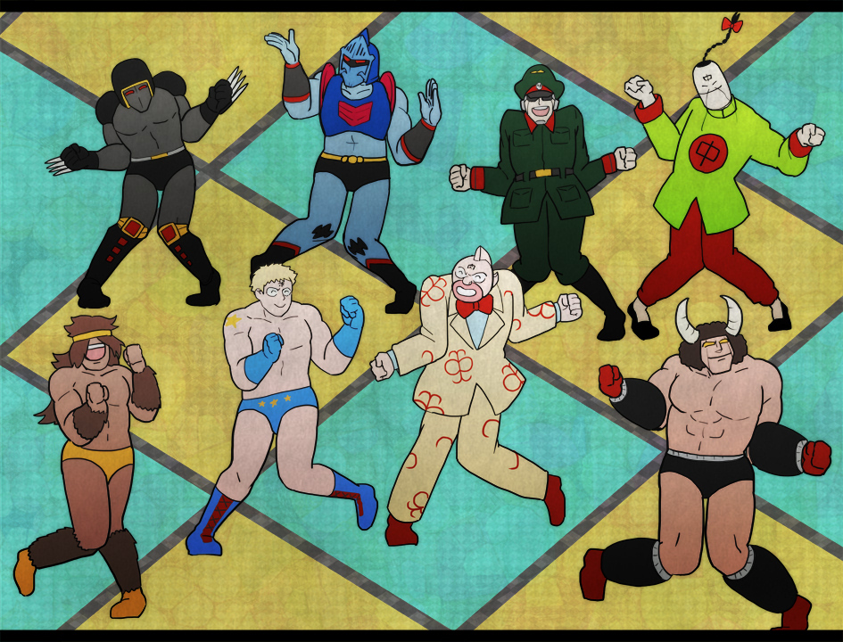 6+boys afro bear_claws blonde_hair boots bow bowtie brocken_jr. brown_hair buffaloman claws closed_eyes cow_horns dancing formal_clothes geronimo_(kinnikuman) green_shirt headband helmet horns kinnikuman kinnikuman_(character) long_hair military_uniform multiple_boys pants ramenman red_bow red_bowtie red_pants robin_mask shirt suit terryman tomato_(toma1010) warsman wrestling_outfit wrestling_trunks yellow_headband