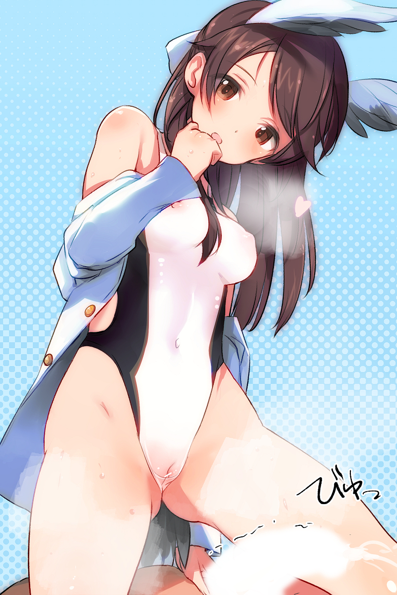 1boy 1girl :o ara_ara bar_censor bird_girl bird_tail blush bow brave_witches breasts brown_eyes brown_hair censored commentary covered_erect_nipples cum ejaculation english_commentary hair_bow hand_on_own_chin handjob head_wings heart hetero karibuchi_takami long_hair looking_at_viewer military_uniform navel nipples open_clothes pussy seductive_smile see-through_clothes see-through_one-piece_swimsuit shimada_fumikane small_breasts smile standing sweat swimsuit swimsuit_under_clothes tail wing_ears wings world_witches_series