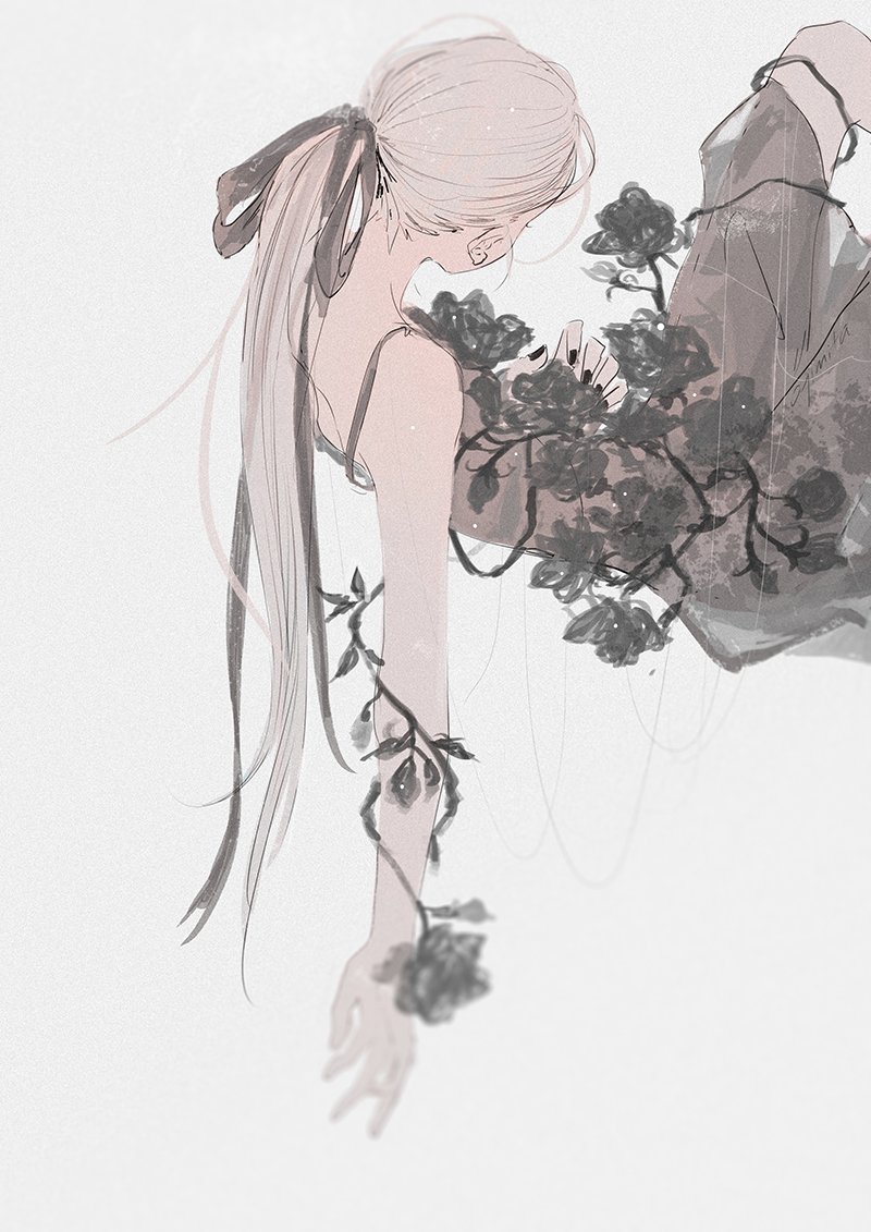 1girl ajimita bare_arms bare_shoulders black_nails branch commentary_request facing_away feet_out_of_frame female_focus flower grey_background hair_ribbon lingerie long_hair nail_polish original ribbon rose simple_background sketch solo underwear very_long_hair white_hair