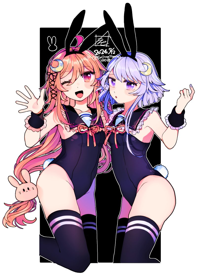 adapted_costume animal_ears artist_logo black_leotard black_sailor_collar black_thighhighs blue_eyes crescent crescent_hair_ornament dated detached_collar eto_(etonomemo1008) fake_animal_ears feet_out_of_frame frilled_cuffs frilled_sailor_collar frills hair_ornament hair_ribbon kantai_collection leotard logo long_hair low-tied_long_hair one_eye_closed orange_hair playboy_bunny purple_hair rabbit_ears rabbit_hair_ornament rabbit_tail red_eyes ribbon sailor_collar short_hair short_hair_with_long_locks smile strapless strapless_leotard tail thighhighs uzuki_(kancolle) wrist_cuffs yayoi_(kancolle)