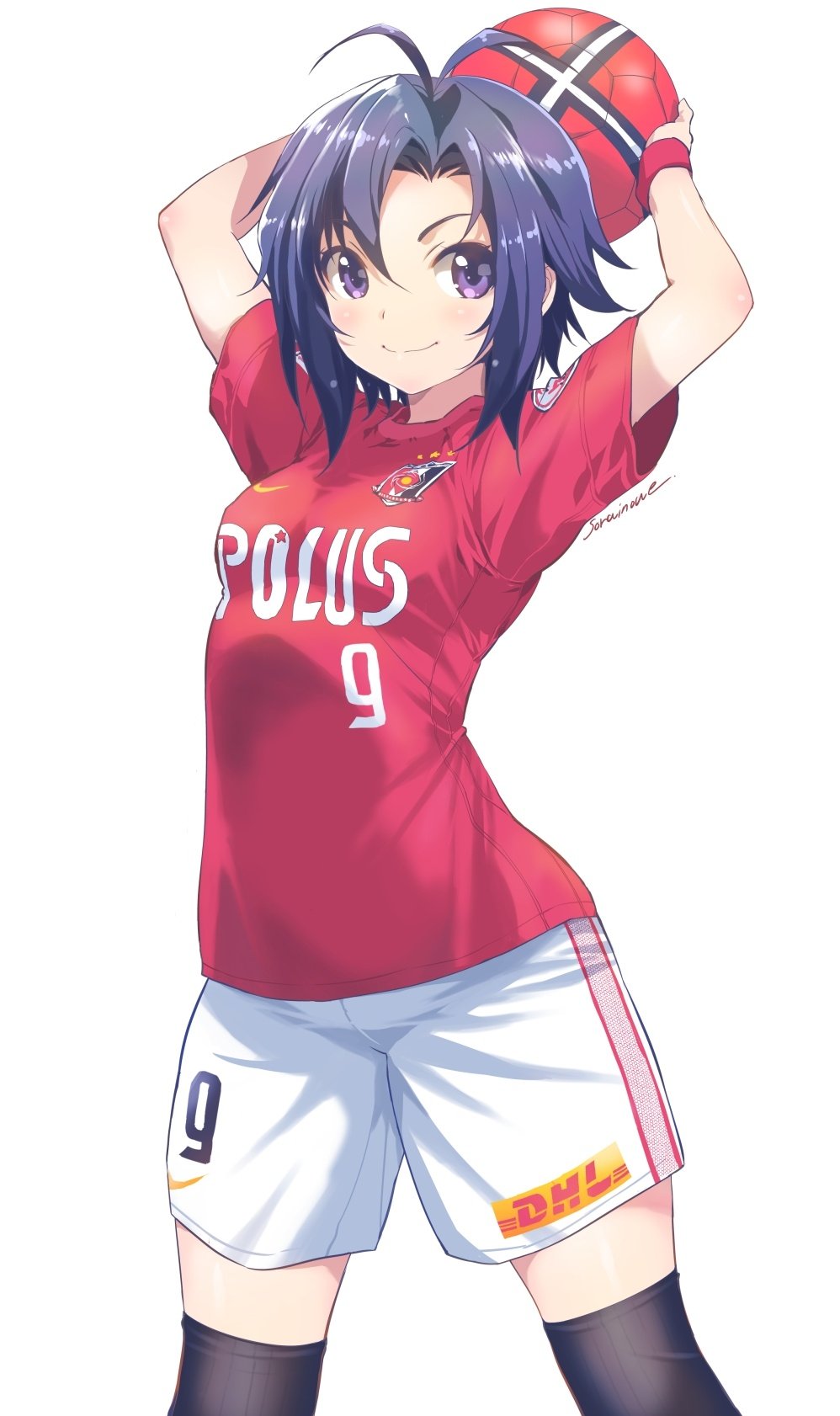 1girl antenna_hair arms_up ball black_hair black_socks black_thighhighs blush cowboy_shot dhl highres idolmaster idolmaster_(classic) inoue_sora j._league kikuchi_makoto looking_at_viewer nike_(company) purple_eyes revision short_hair shorts signature simple_background smile soccer soccer_ball soccer_uniform socks solo sportswear thighhighs urawa_red_diamonds white_background white_shorts