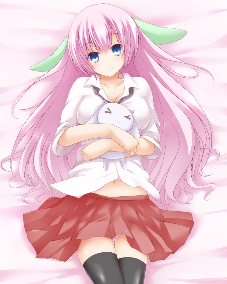 &gt;_&lt; 1girl black_thighhighs blue_eyes chro closed_eyes dress_shirt female_focus long_hair lying original panties pantyshot pink_hair pink_panties shirt sitting skirt smile solo thighhighs underwear upskirt