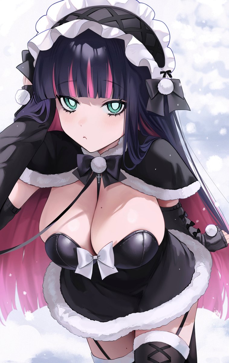 1girl black_capelet black_dress black_gloves blunt_bangs breasts capelet colored_inner_hair dress frilled_headband fur-trimmed_capelet fur-trimmed_dress fur_trim gloves green_eyes hand_in_own_hair highres large_breasts long_hair looking_at_viewer mole mole_on_breast multicolored_hair ompf panty_&amp;_stocking_with_garterbelt pink_hair pom_pom_(clothes) purple_hair santa_dress snowing solo stocking_(psg) streaked_hair two-tone_hair