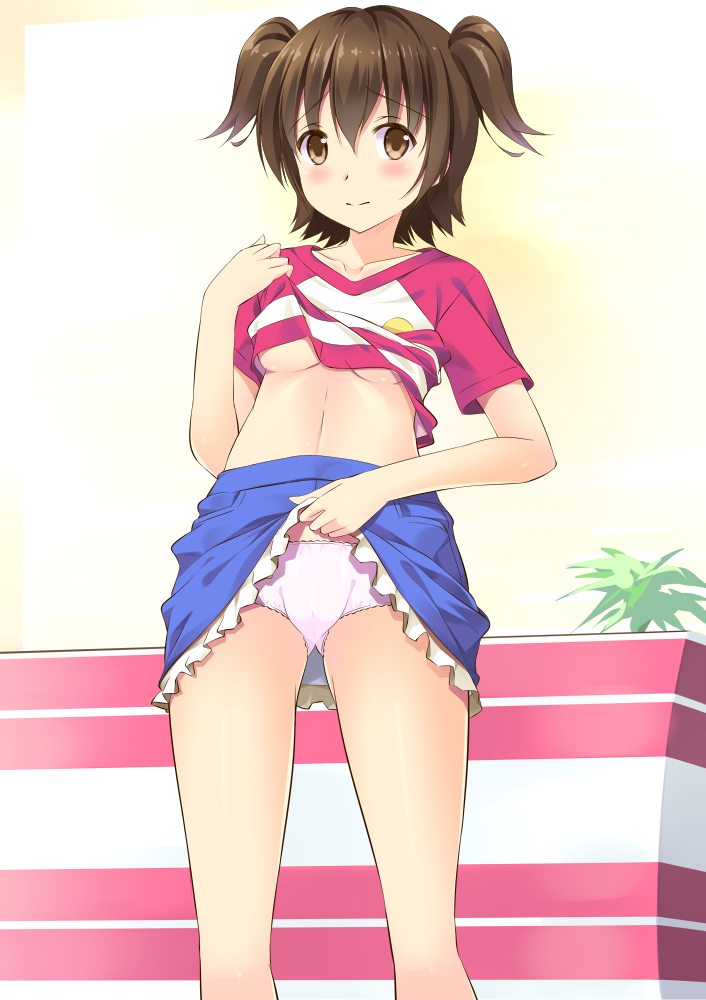 10s 1girl akagi_miria black_hair blush breasts brown_eyes clothes_lift female_focus idolmaster idolmaster_cinderella_girls lifting_own_clothes onaka_sukisuki panties pink_panties raglan_sleeves shirt_lift short_hair skirt skirt_lift solo twintails two_side_up underboob underwear white_panties