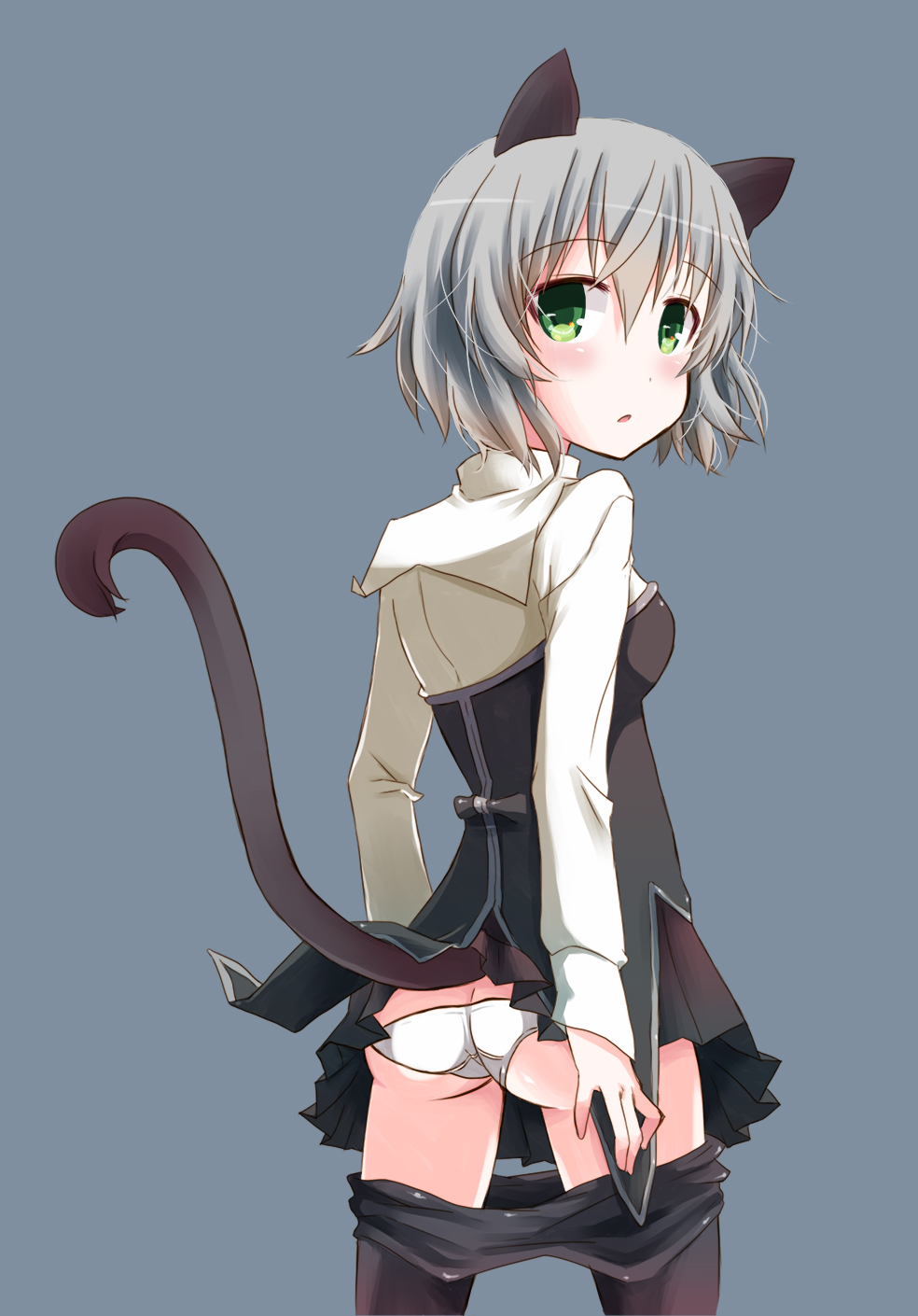 1girl animal_ears ass black_pantyhose cat_ears cat_tail clothes_pull crotch_seam female_focus green_eyes grey_hair highres looking_at_viewer lowleg lowleg_panties panties pantyhose pantyhose_pull sanya_v._litvyak short_hair solo strike_witches suomio tail underwear white_panties world_witches_series