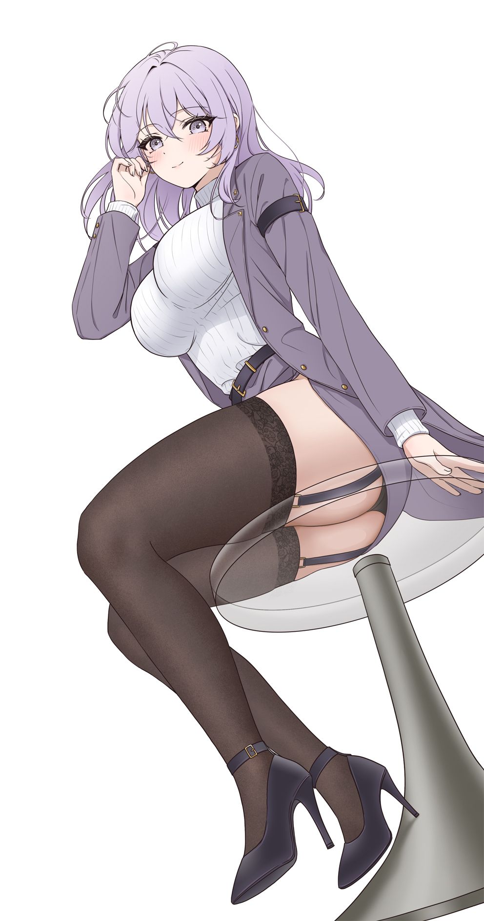 1girl black_footwear breasts brown_thighhighs closed_mouth coat commission garter_straps grey_coat grey_skirt high_heels highres large_breasts long_hair looking_at_viewer open_clothes open_coat original pumps purple_eyes purple_hair ribbed_shirt shirt shoes simple_background sitting sitting_on_table skirt smile solo stiletto_heels taesseung thighhighs thighs white_background white_shirt