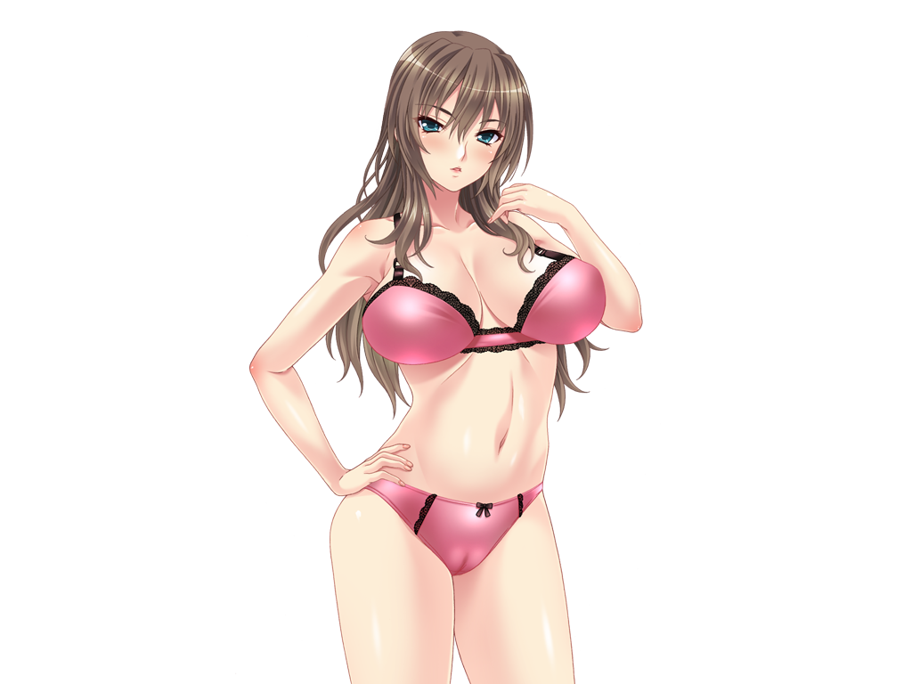 1girl blue_eyes blush bra breasts brown_hair cameltoe cleavage female_focus game_cg hand_on_own_hip isse large_breasts legs long_hair looking_at_viewer navel panties pink_bra pink_panties sawanoi_rina serious simple_background solo standing thighs underwear white_background yometori_x_gekokujou:_wagamama_na_sannin_no_ane_ni_gekokujou_sex!!!