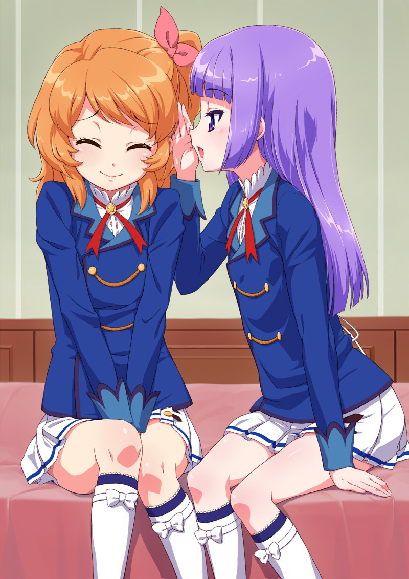 2girls aikatsu! aikatsu!_(series) blue_shirt blunt_bangs blush bow closed_eyes dot_nose hair_bow hand_between_thighs hand_on_ground hand_up hikami_sumire indoors kneehighs lapels legs_together long_hair long_sleeves looking_at_another miniskirt multiple_girls notched_lapels on_bed orange_hair ozora_akari pink_bow purple_eyes raised_eyebrows school_uniform senzoc shirt sitting skirt smile socks starlight_academy_school_uniform straight_hair v_arms whispering white_skirt white_socks