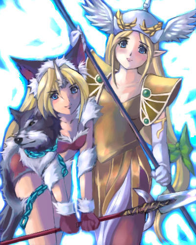 2girls animal_ears bad_id bad_pixiv_id blonde_hair chain dual_persona elbow_gloves fenrir_knight genshi gloves helmet horns long_hair low-tied_long_hair lowres multiple_girls oekaki pantyhose pointy_ears polearm riesz seiken_densetsu seiken_densetsu_3 single_horn spear vanadis very_long_hair weapon wolf wolf_ears