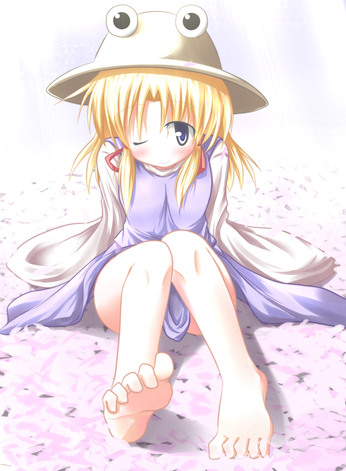 1girl baerun barefoot feet female_focus full_body gradient_background hat moriya_suwako one_eye_closed skirt solo touhou white_background wink