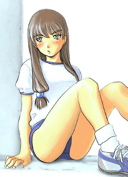 1girl blush brown_eyes brown_hair buruma dual!_parallel_trouble_adventure female_focus gym_uniform long_hair sanada_mitsuki solo