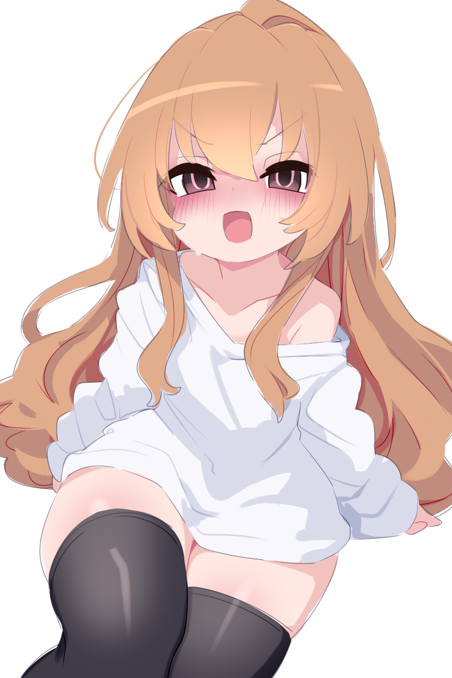 1girl aisaka_taiga black_thighhighs blush brown_eyes collarbone commentary_request eyebrows_hidden_by_hair feet_out_of_frame hand_on_ground highres kukuchi581 light_brown_hair long_hair long_sleeves looking_at_viewer looking_up no_pants nose_blush open_mouth petite shirt sidelocks simple_background single_bare_shoulder sitting solo sweat thick_thighs thighhighs thighs tongue toradora! v-shaped_eyebrows very_long_hair white_background white_shirt