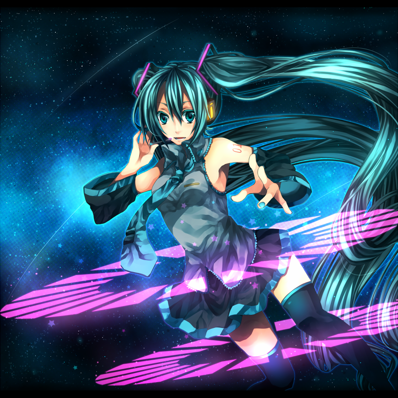 1girl aqua_eyes aqua_hair bad_id bad_pixiv_id detached_sleeves female_focus haboshi_hitomi hatsune_miku headphones headset hitomi_(artist) long_hair necktie skirt solo space star_(symbol) thighhighs twintails very_long_hair vocaloid zettai_ryouiki