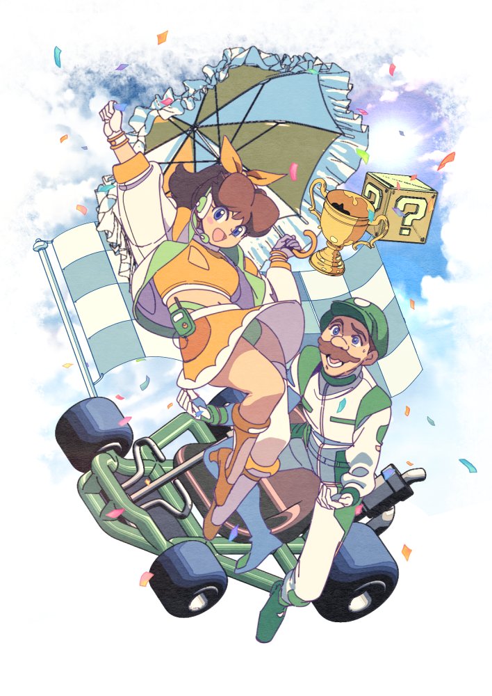 1boy 1girl ?_block arm_up blue_eyes bow brown_hair crop_top edoya_inuhachi facial_hair flag gloves go-kart hair_bow hat holding holding_umbrella long_hair luigi mario_(series) mario_kart midriff mustache nintendo open_mouth panties pantyshot parasol princess_daisy race_queen racing_suit skirt sweatdrop trophy two-tone_footwear umbrella underwear white_gloves